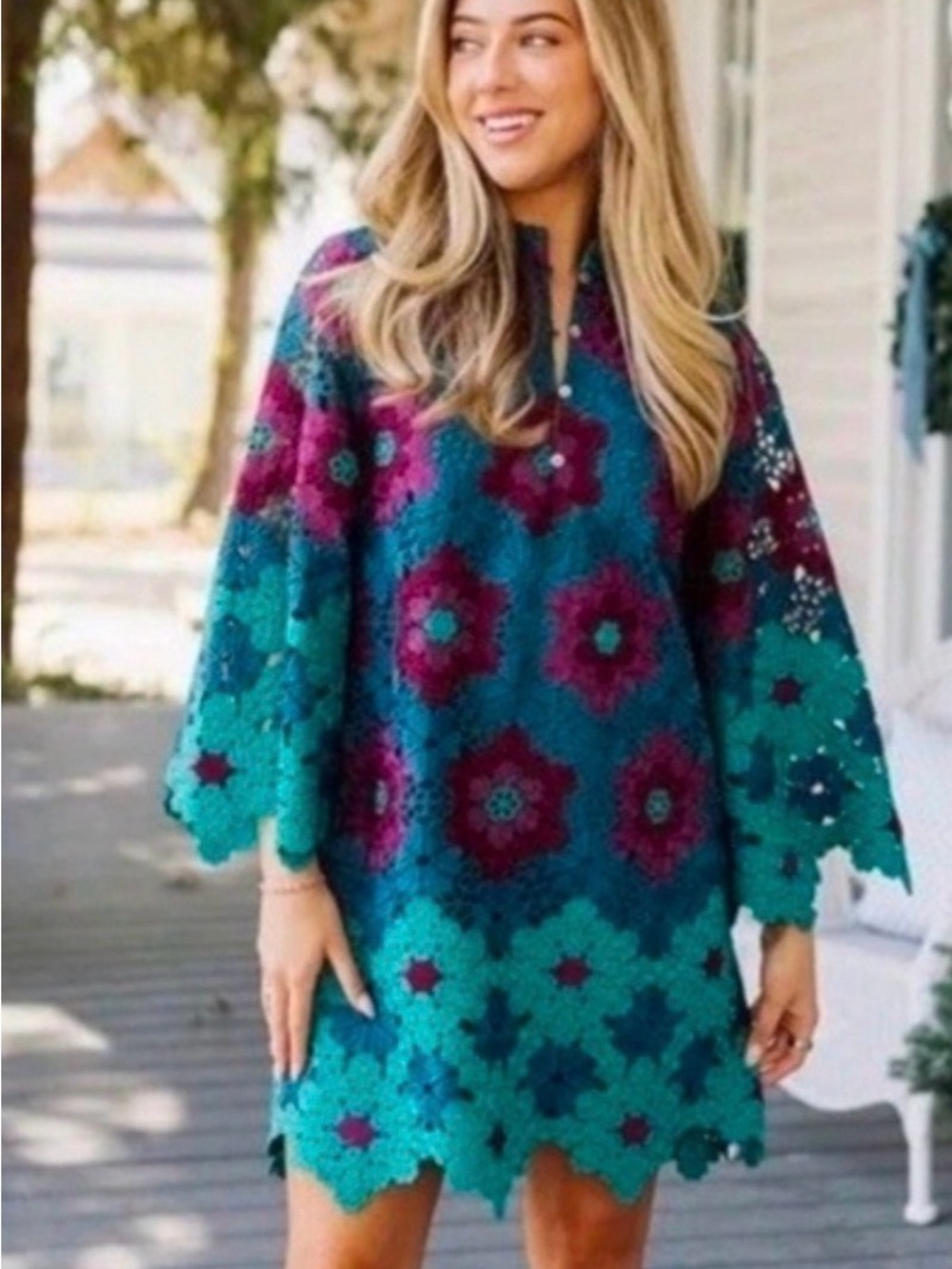 NWT J.Marie Crochet Floral Shift Dress in Teal and Magenta